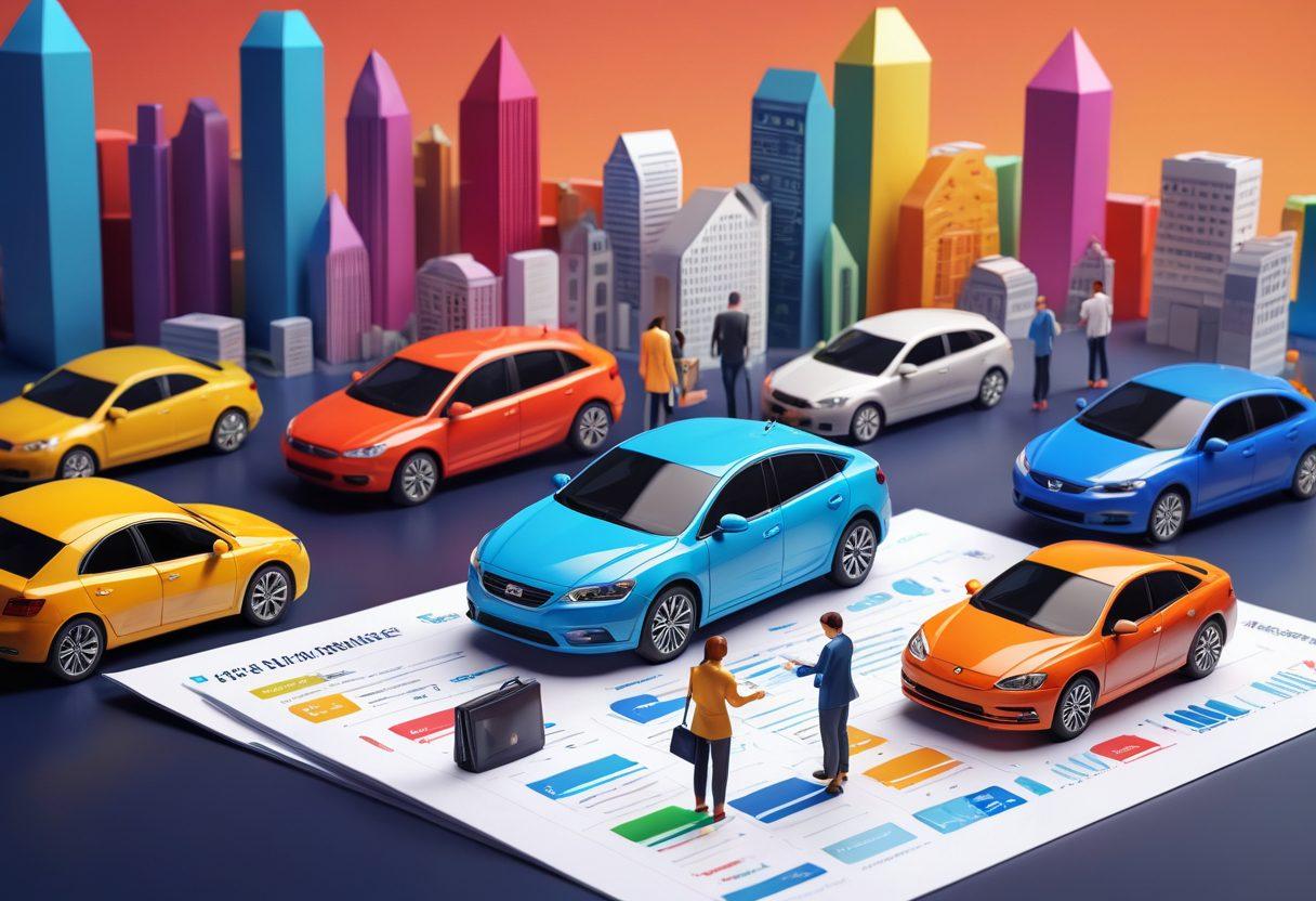 A visually engaging illustration of a diverse group of people interacting with various car insurance documents and calculators, surrounded by colorful icons representing affordable rates and protection. Include symbols of cars, shields, and money savings, set against a backdrop of a cityscape. The atmosphere should be inviting and informative, encouraging exploration of the subject. 3D. vibrant colors. modern design.