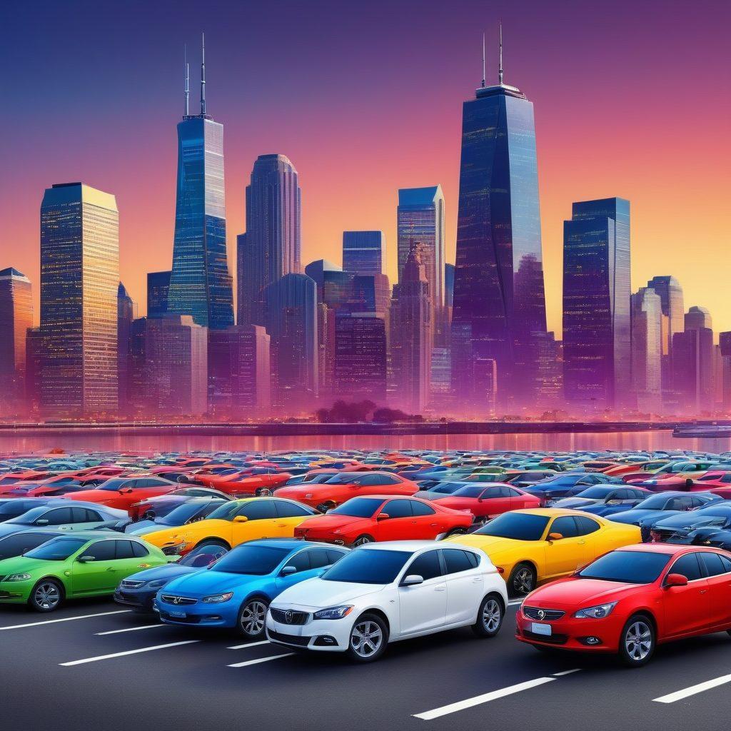 A visually engaging infographic showcasing various car insurance rates, featuring a diverse range of cars parked in front of their corresponding price tags. Include a magnifying glass effect on the best value option to highlight it. The background should have a road and city skyline, symbolizing freedom and movement. Bold, colorful text should convey the 'Comparing Rates' theme prominently. super-realistic. vibrant colors. flat design.