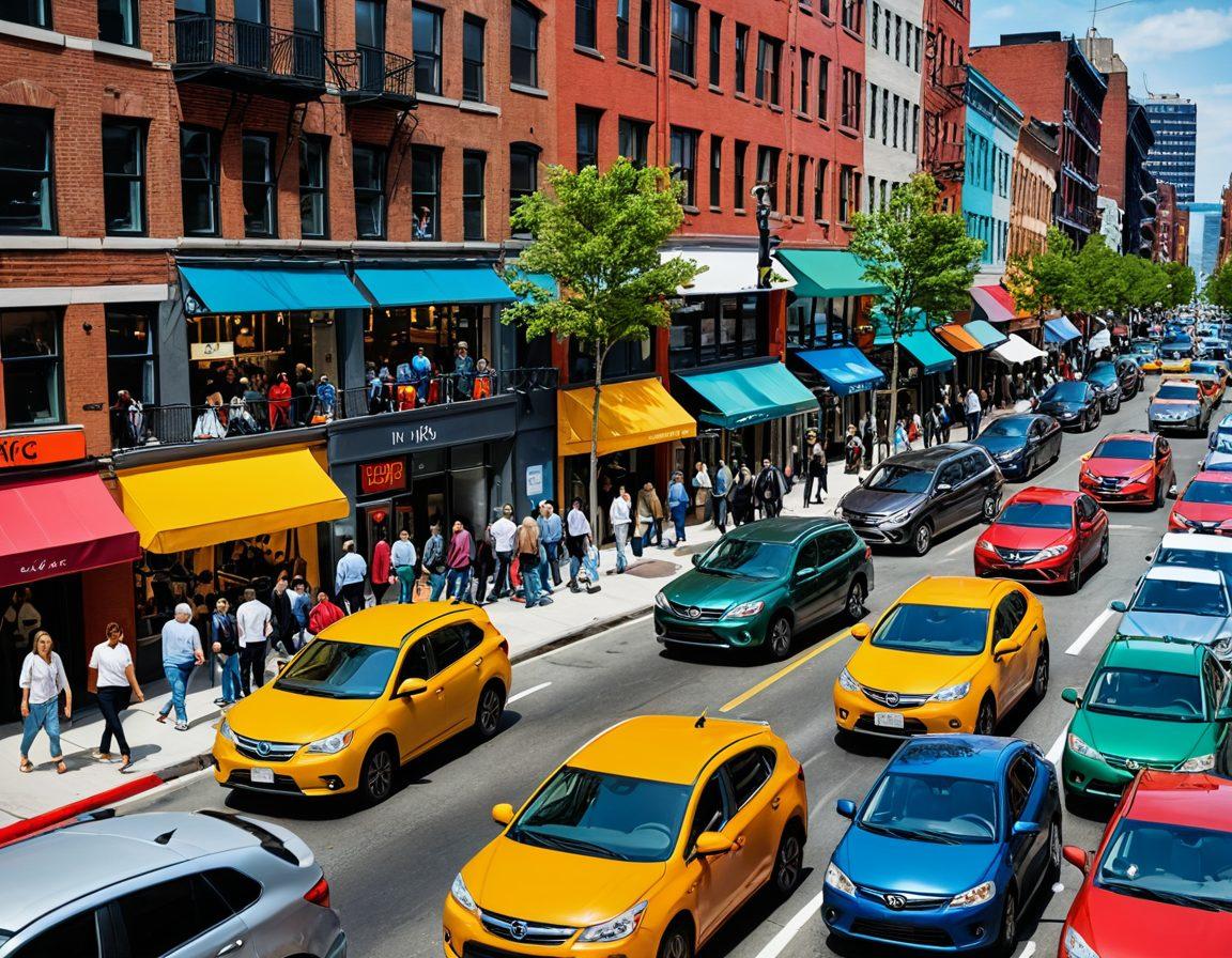 A dynamic city scene featuring a diverse group of people discussing motor insurance options, with colorful graphs and price tags illustrating affordable coverage options. Include a backdrop of various vehicles like cars and motorcycles, with a detailed street layout highlighting safety. The atmosphere should be informative yet engaging, evoking a sense of community and accessibility. vibrant colors. super-realistic.